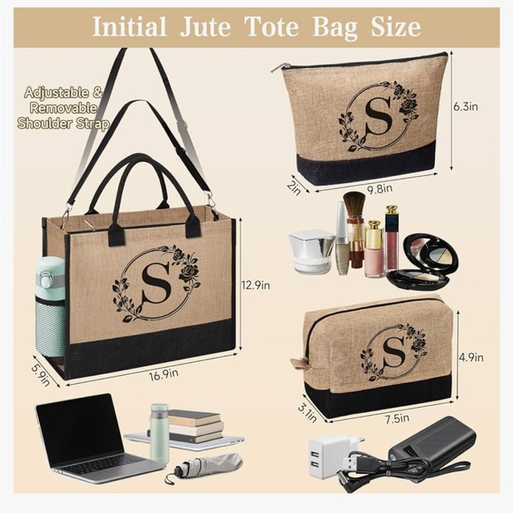 3-Piece Jute “T” Black/Khaki Tote Bag Set - Picture 13 of 14